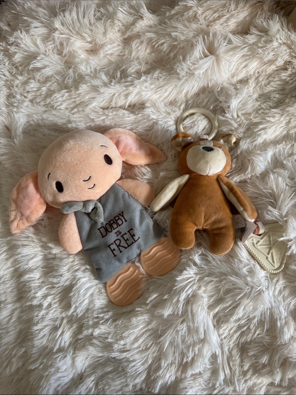 Peach Dobby Plush Toy with Gray Outfit - Soft Baby Stuffed Animal